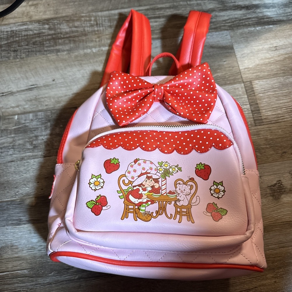 Strawberry Shortcake Mini Backpack Polka Dot Bow Quilted Bag Pink 2024 EUC